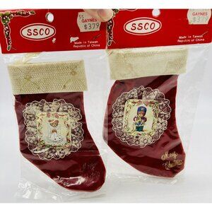 Miniature Christmas Stockings Teddy Bears Red Velvet Lace SSCO‎ Vintage Taiwan